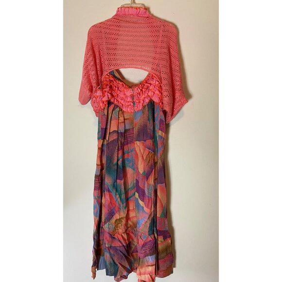 2 pc Colorful Boho Ruffled Dress Pink Textured Bodice & Crochet Shrug Small - Picture 2 of 15
